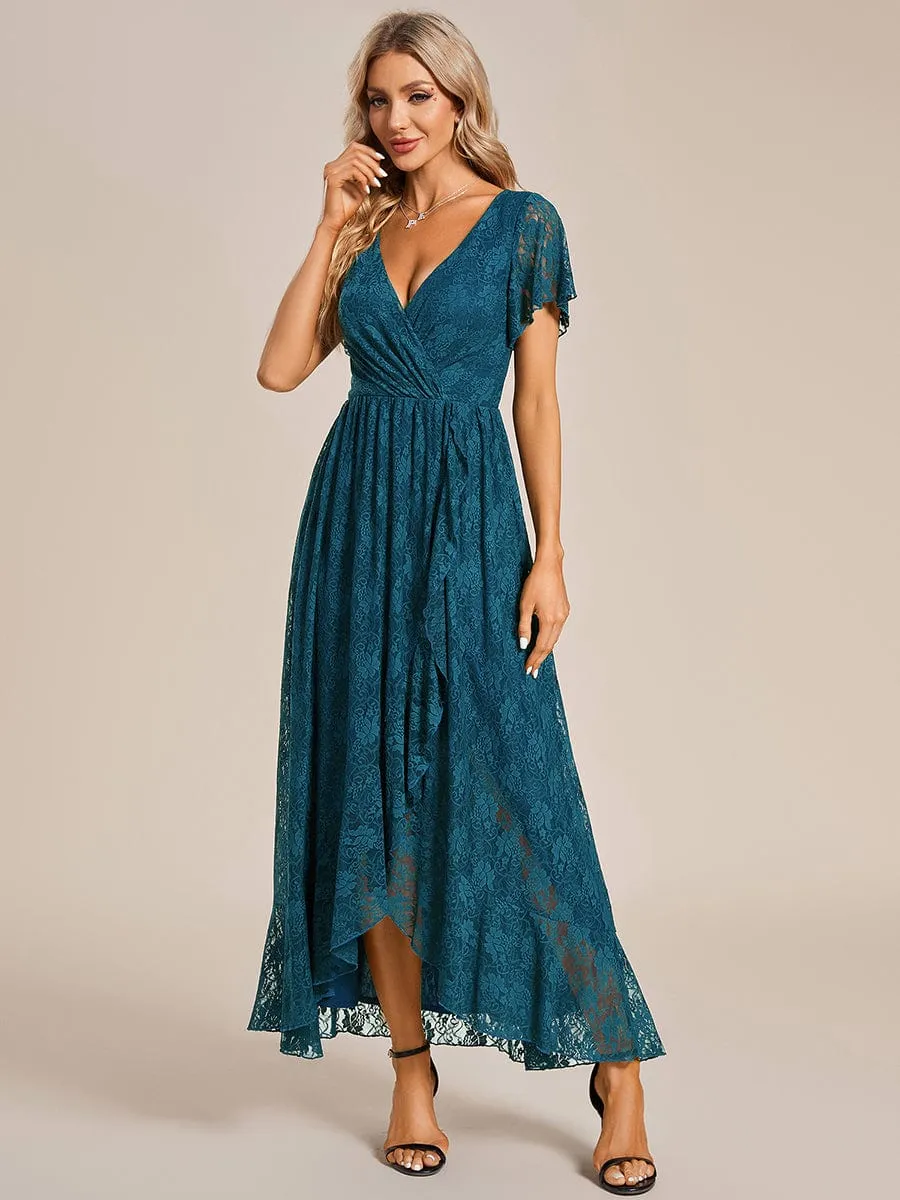 V-Neck Short Sleeve Pleated Ruffled Lace Evening Dress