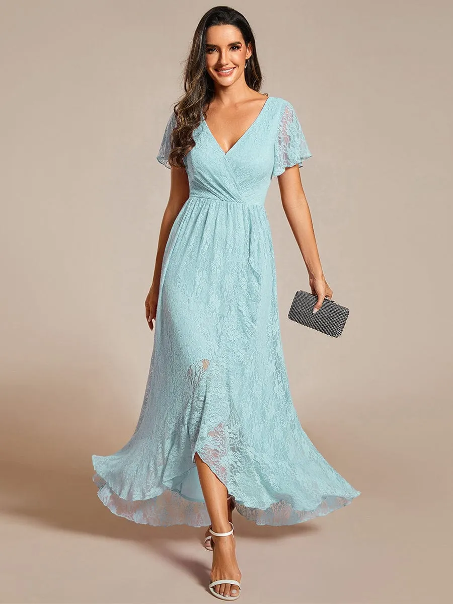 V-Neck Short Sleeve Pleated Ruffled Lace Evening Dress