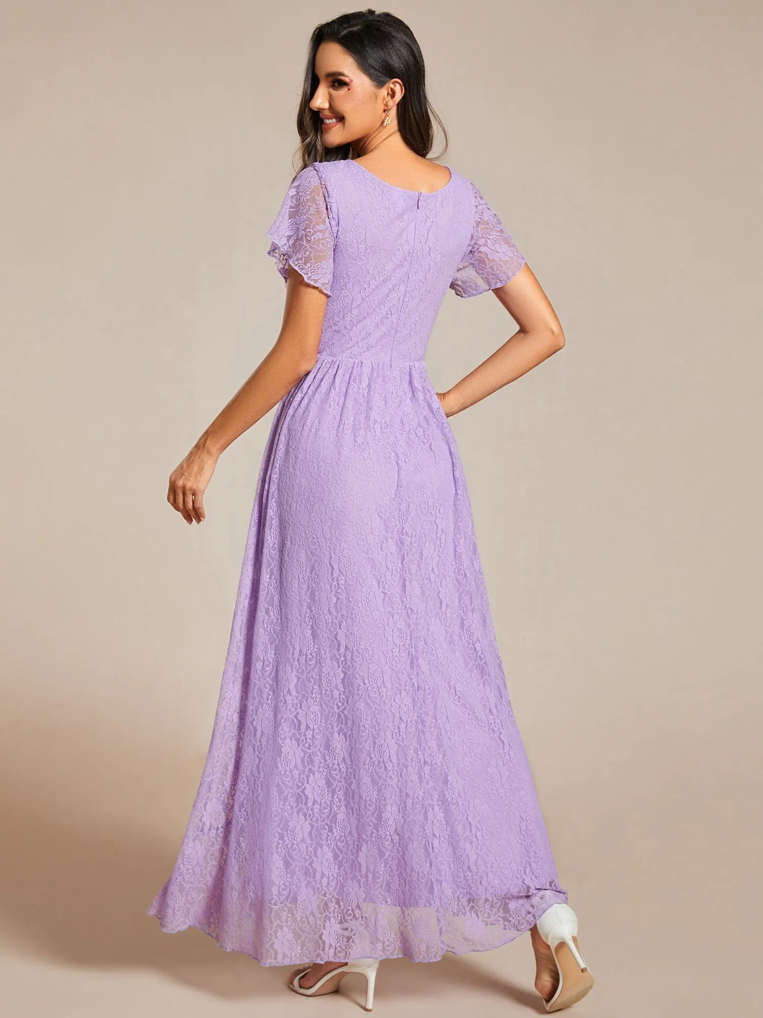V-Neck Short Sleeve Pleated Ruffled Lace Evening Dress