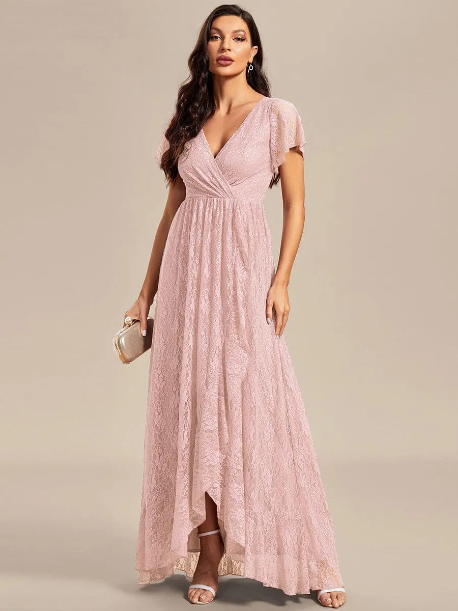 V-Neck Short Sleeve Pleated Ruffled Lace Evening Dress