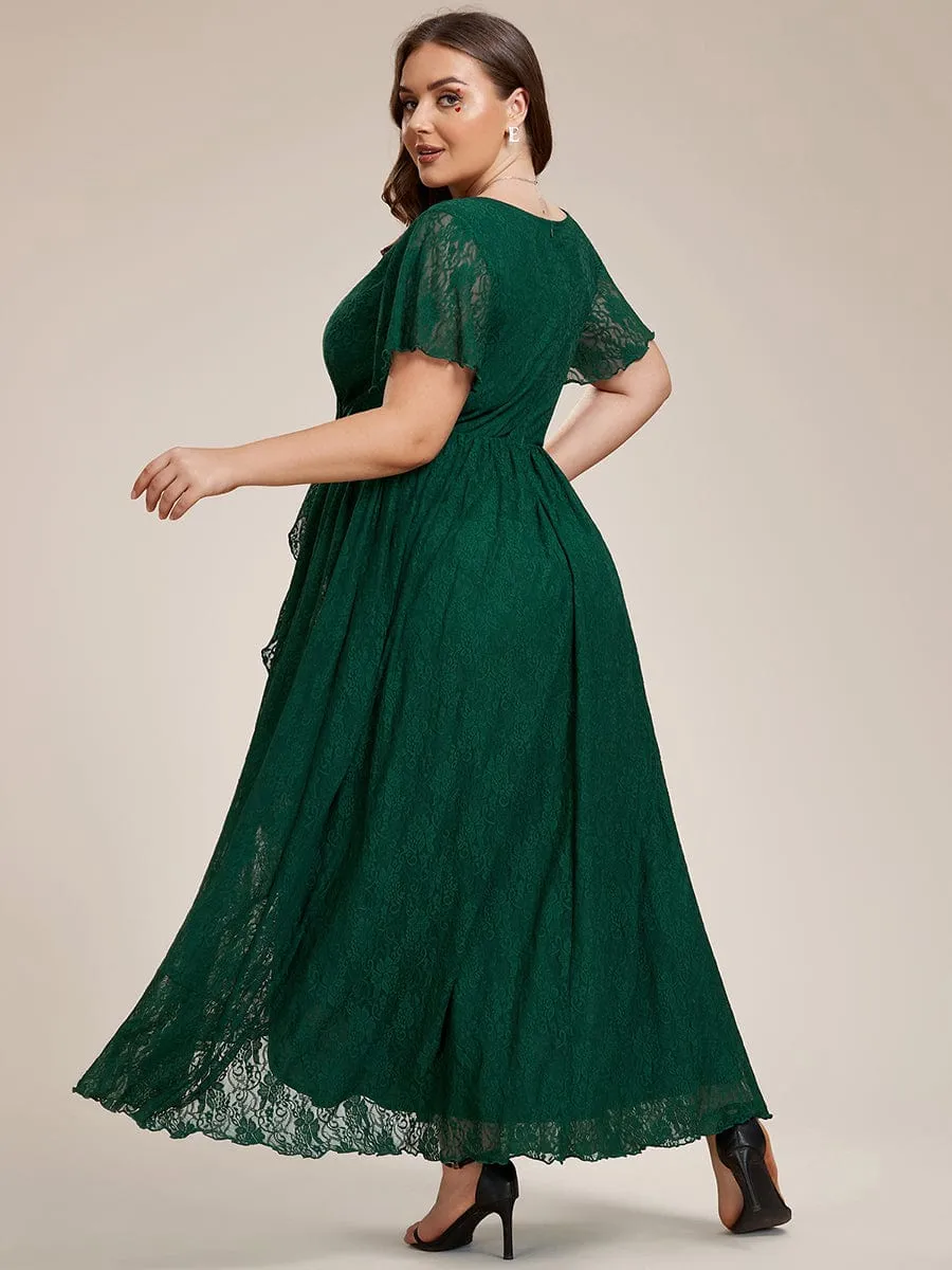 V-Neck Short Sleeve Pleated Ruffled Lace Evening Dress