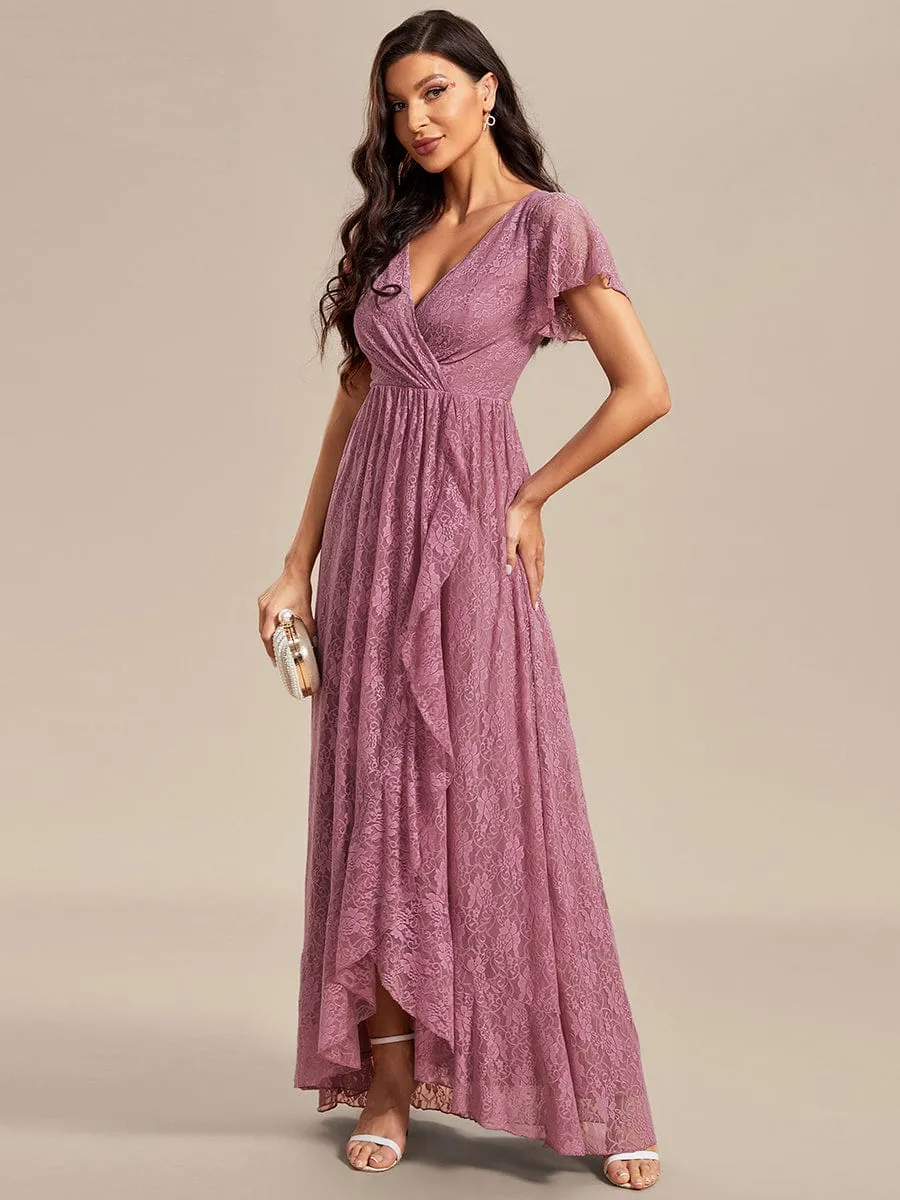 V-Neck Short Sleeve Pleated Ruffled Lace Evening Dress