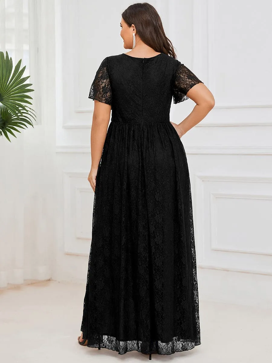 V-Neck Short Sleeve Pleated Ruffled Lace Evening Dress
