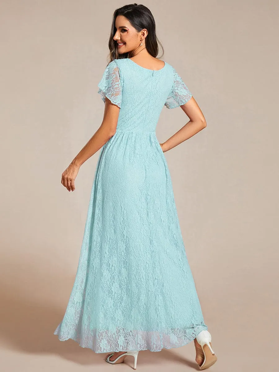 V-Neck Short Sleeve Pleated Ruffled Lace Evening Dress