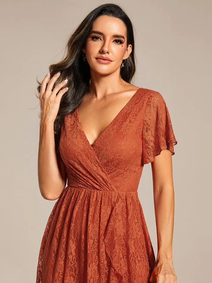 V-Neck Short Sleeve Pleated Ruffled Lace Evening Dress